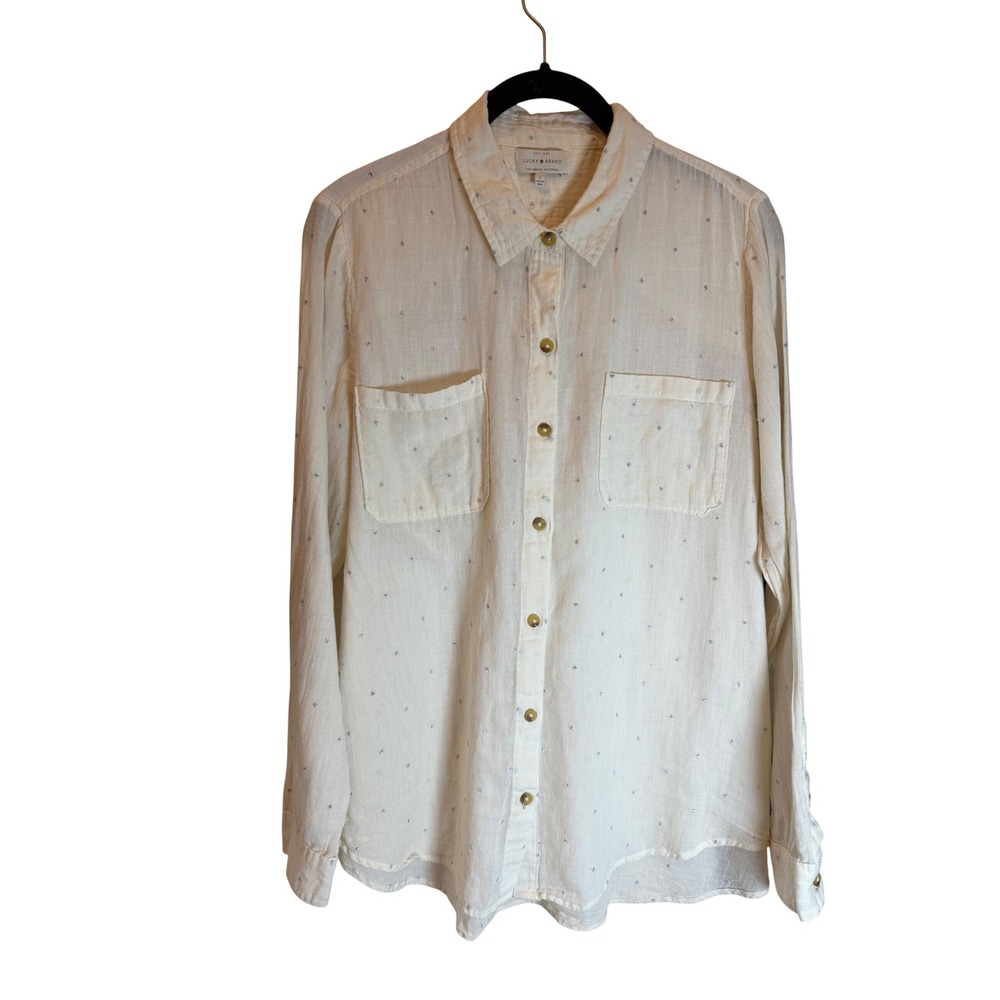 Lucky Brand Cream Cotton Gauze Silver Star Embroidered Button Down Shirt Large